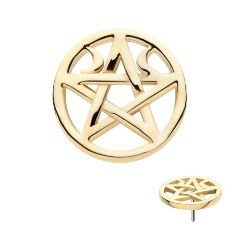 A gold-colored round pin inspired by the 14K Crescent Moon Pentacle - No Gem, featuring an openwork pentagram with curved decorative accents and a visible pin backing.