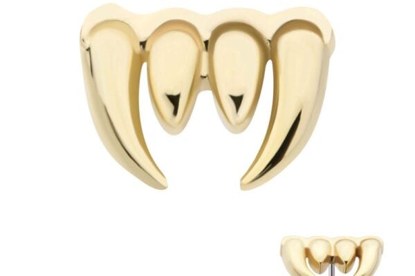 14K Fangs: Gold-colored grillz with four pointed vampire teeth—two longer on the sides, two shorter in the center—shown from the front and side, highlighting the back attachment post.