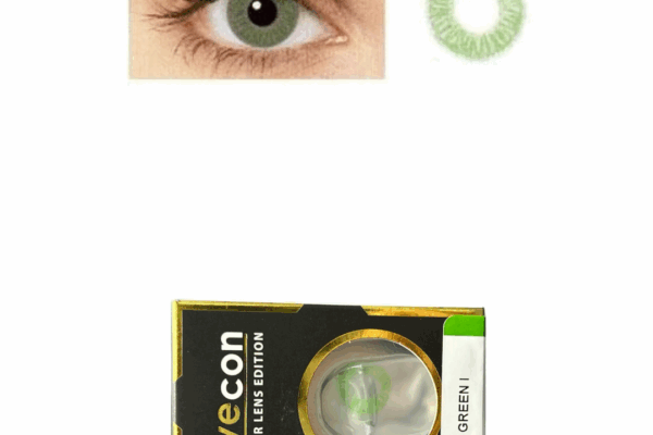 Close-up of an EYECON Green 1 contact lens in an eye, the lens itself, and the product packaging with "EYECON Green 1" and "COLOR LENS EDITION" featuring "GREEN" clearly visible on the box.