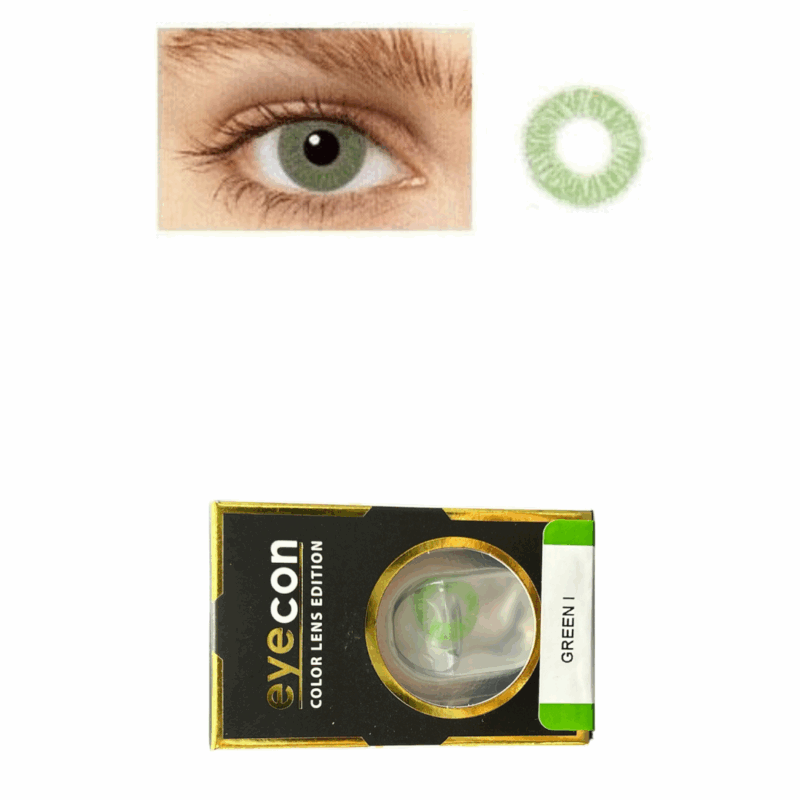 Close-up of an EYECON Green 1 contact lens in an eye, the lens itself, and the product packaging with "EYECON Green 1" and "COLOR LENS EDITION" featuring "GREEN" clearly visible on the box.