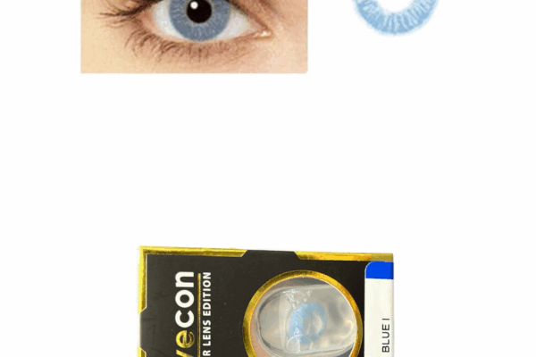 A close-up of a blue eye, an EYECON Blue 1 contact lens, and its black-and-yellow EYECON color lens edition box with a blue sticker, showing the blue EYECON Blue 1 lens inside the packaging.