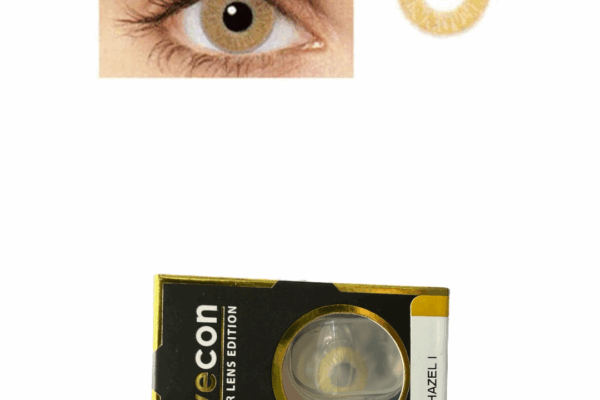 A close-up of a brown eye wearing the EYECON Hazel 1 contact lens next to its packaged box labeled "eyecon color lens edition hazel.