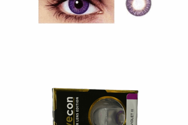 A close-up of an eye wearing EYECON Violet 3 contacts, an image of the vibrant violet lens, and a box labeled EYECON Violet 3 Color Lens Edition.