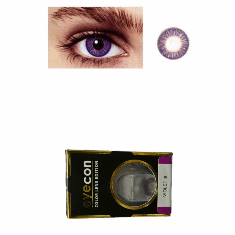 A close-up of an eye wearing EYECON Violet 3 contacts, an image of the vibrant violet lens, and a box labeled EYECON Violet 3 Color Lens Edition.
