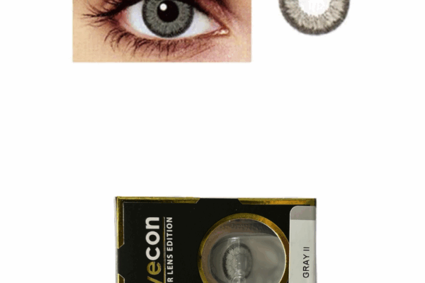 Close-up of a human eye wearing the EYECON Grey 2 contact lens, an isolated gray lens above, and the black and gold EYECON Color Lens Edition box labeled Grey 2 at the bottom.