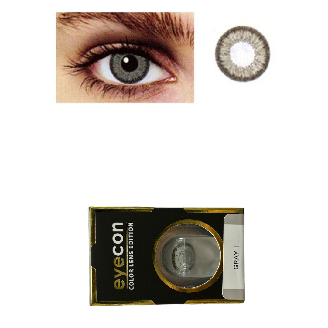Close-up of a human eye wearing the EYECON Grey 2 contact lens, an isolated gray lens above, and the black and gold EYECON Color Lens Edition box labeled Grey 2 at the bottom.