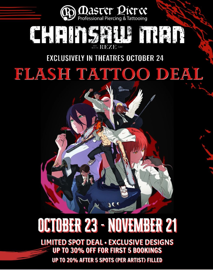 Promotional poster for Master Pierce featuring Chainsaw Man anime characters, advertising a flash tattoo deal from October 23 to November 21, with discounts and exclusive designs.