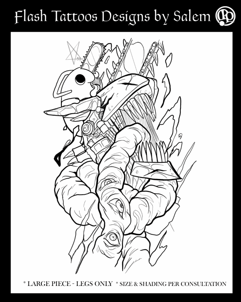 Black and white tattoo flash design by Salem showing a robotic bird perched on a twisted, muscular leg with mechanical and organic details, surrounded by dynamic, angular shapes; text at top and bottom.
