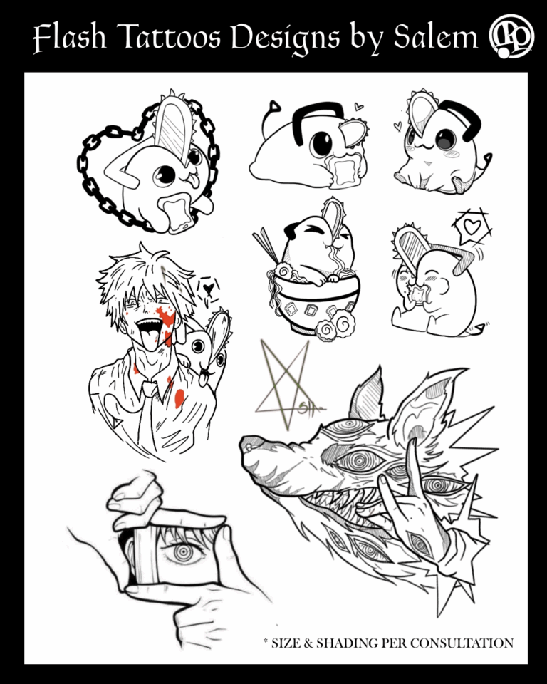 A collection of black and white flash tattoo designs, including cute rats, a stylized wolf head, an anime-inspired character, an abstract symbol, and a hand holding a lighter. Text reads “Flash Tattoos Designs by Salem.”.