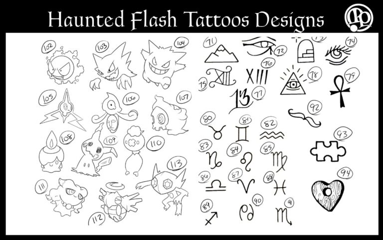 A collection of black-and-white haunted-themed flash tattoo designs, including ghostly Pokémon, mystical symbols, zodiac signs, an ankh, eye motifs, a puzzle piece, and a stitched heart, all numbered on a white background.