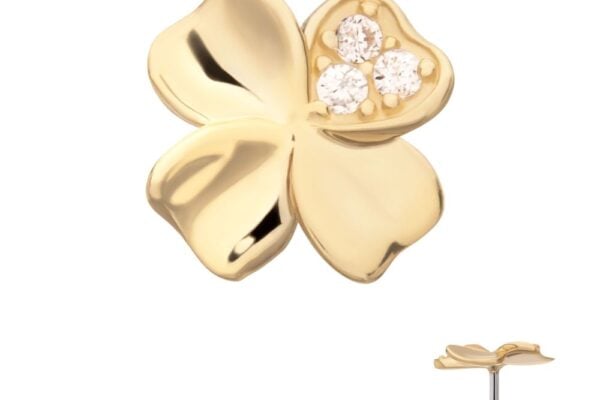 The 14K Four Leaf Clover stud earring features three small round white gemstones in one gold leaf, a shiny finish, and a straight post visible from the side in the smaller inset image.