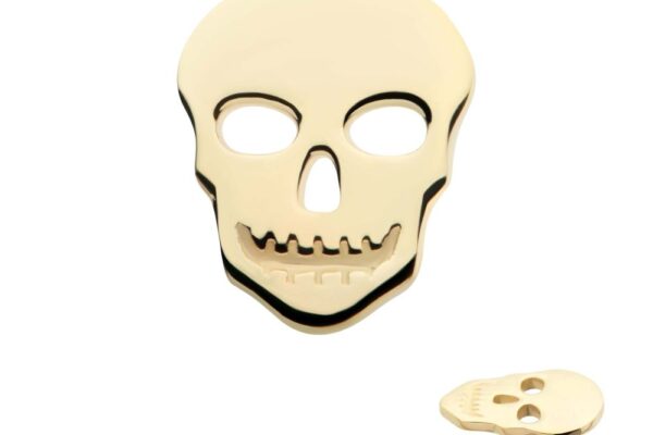 The 14K Skull Cut-Out earring features eye, nose, and mouth cutouts on a gold skull. A side view shows the post attached at the back.