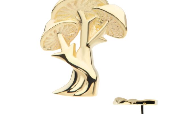 The 14K Triple Mushroom is a gold pin designed as a tree with textured leaves and multiple branches, shown from the front and side to highlight its unique design and thickness.