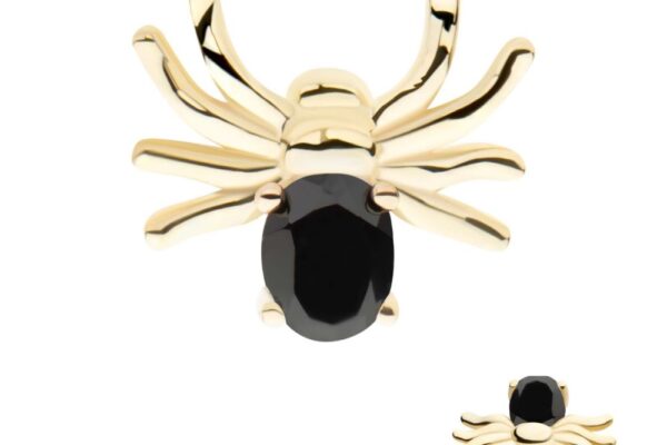 The 14K Spider Gem Body earring features a spider shape with a shiny black oval gem body, shown from a top view and a smaller side view that highlights the earring post.