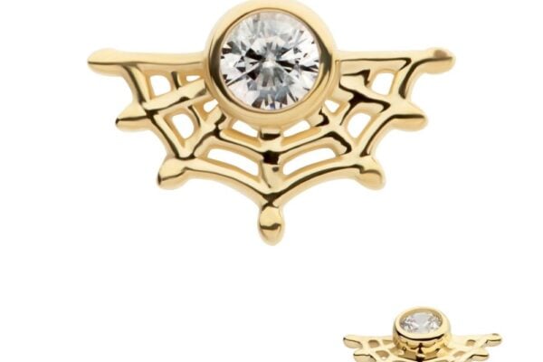 The 14K Spiderweb - Bezel Gem earring features a sparkling round gemstone at its center, set in a stylized spider web design with intricate, delicate web-like patterns radiating from the gem.