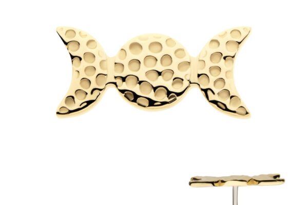 The 14K Triple Moon Phase - Hammered stud earring features a candy-inspired, hammered design. The main view shows the front, with an inset of the side profile and post, evoking celestial charm inspired by the triple moon phase.