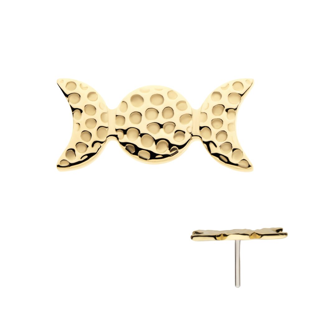 The 14K Triple Moon Phase - Hammered stud earring features a candy-inspired, hammered design. The main view shows the front, with an inset of the side profile and post, evoking celestial charm inspired by the triple moon phase.