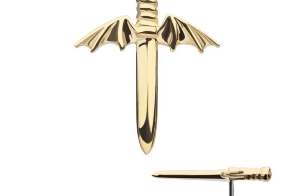 The 14K Bat Dagger gold stud earring features a dagger shape with bat-inspired crossguard wings, displayed from the front and side on a white background.