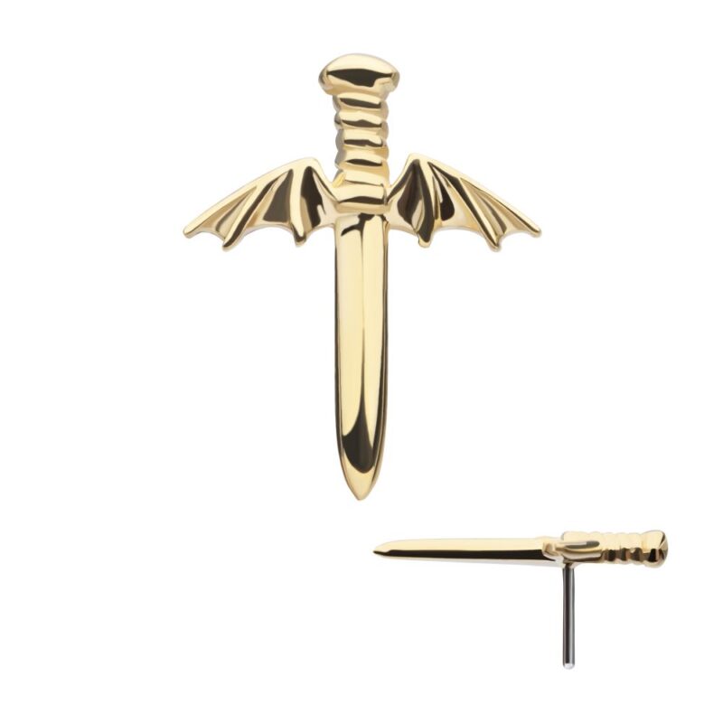 The 14K Bat Dagger gold stud earring features a dagger shape with bat-inspired crossguard wings, displayed from the front and side on a white background.