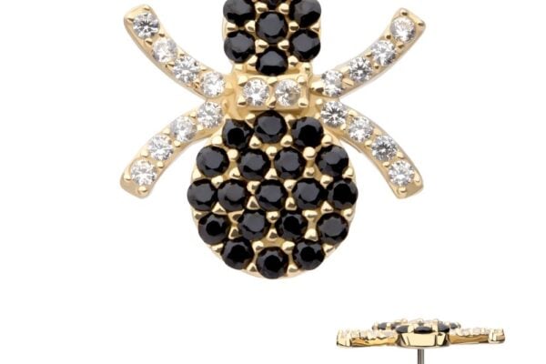 The 14K Gem Spider earring features a spider design in 14K gold, embellished with black and clear Cz gemstones on its body and legs. The image includes a side view displaying the post and gem top.
