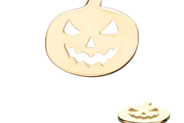 The 14K Jack-o-lantern Cut Out is a gold-colored pin shaped like a jack-o-lantern with a carved, smiling face and triangular eyes, shown from both front and side angles.