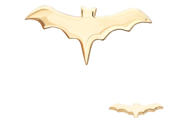 The 14K Polished Bat, a gold bat-shaped pin or brooch with smooth, shiny surfaces, is displayed against a white background with a small corner image showing its side view.