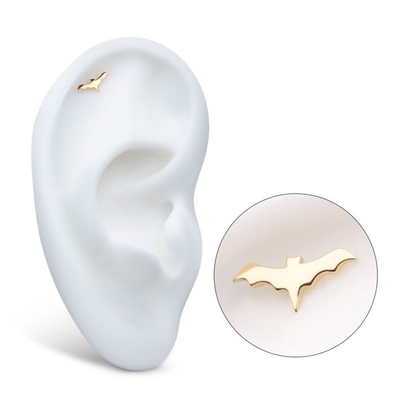 The 14K Polished Bat stud earring is shown on a white ear model, with a close-up inset highlighting the detailed bat design.
