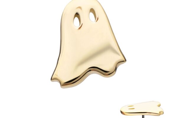 A 14K Ghost earring in gold color, featuring a simple ghost shape with two eye holes, displayed from the front and side on a white background.