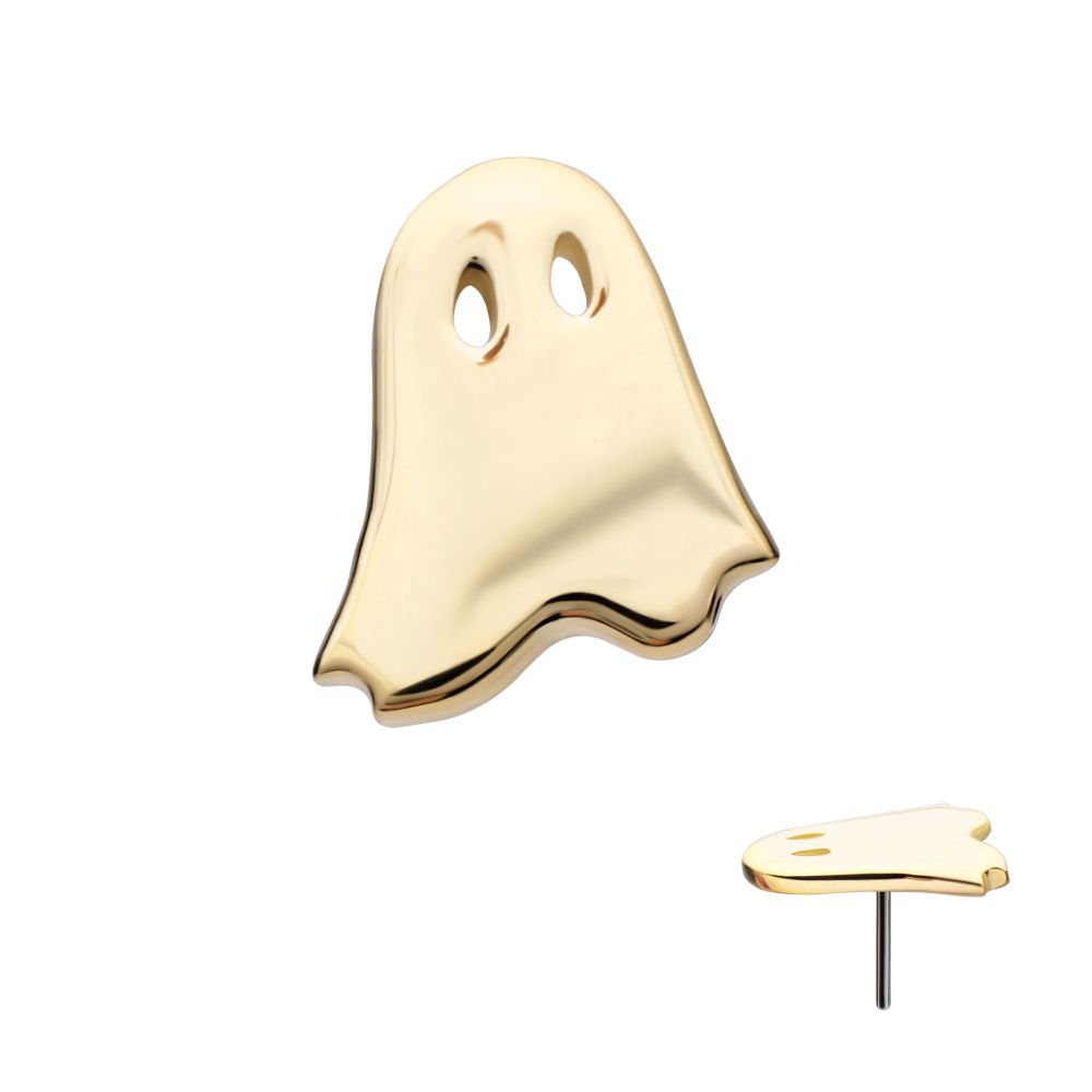 A 14K Ghost earring in gold color, featuring a simple ghost shape with two eye holes, displayed from the front and side on a white background.