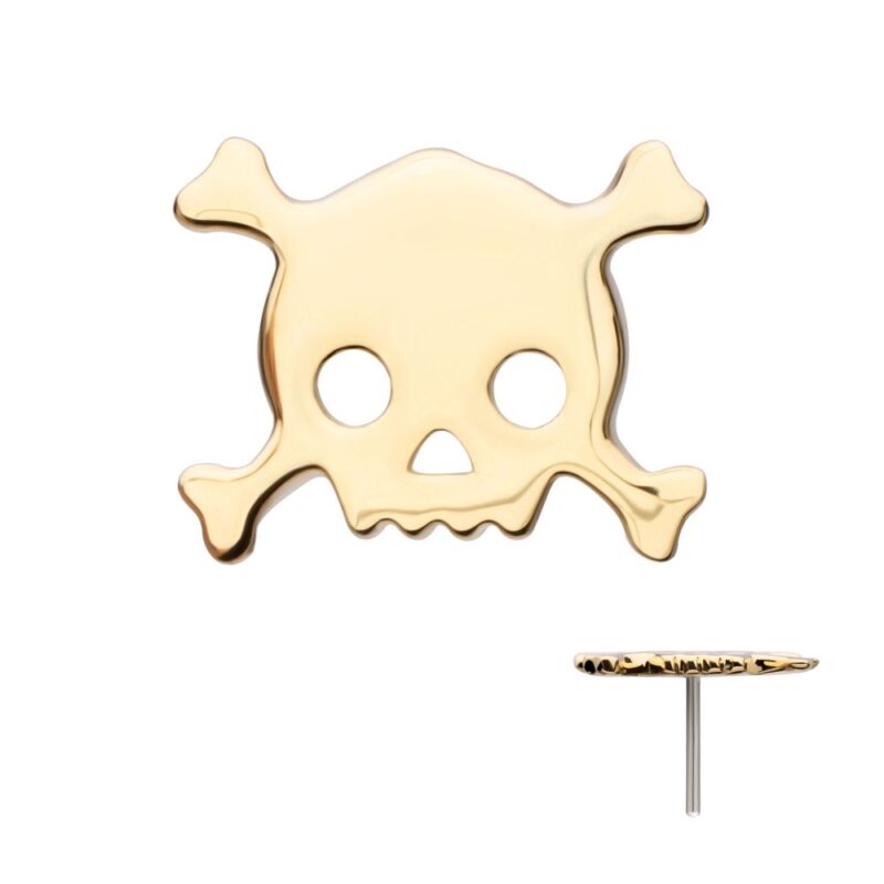 The 14K Skull & Cross Bones earring features a gold skull and crossbones with hollow eyes and nose, seen from front and side views to show its shiny, flat surface and stud post.