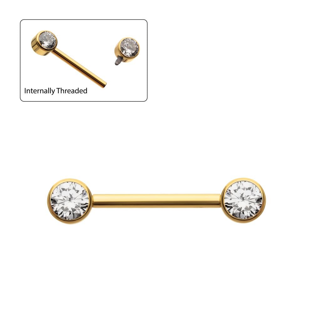 The Bezel Set Nipple Barbells feature a gold finish with clear gemstones on each end; an inset image highlights their internally threaded design.