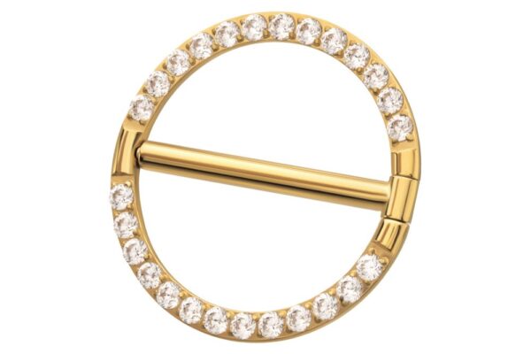 The CNC Set Gem Nipple Clicker Ring is a circular gold pin accented with small diamonds along the edge and has a central horizontal gold bar.