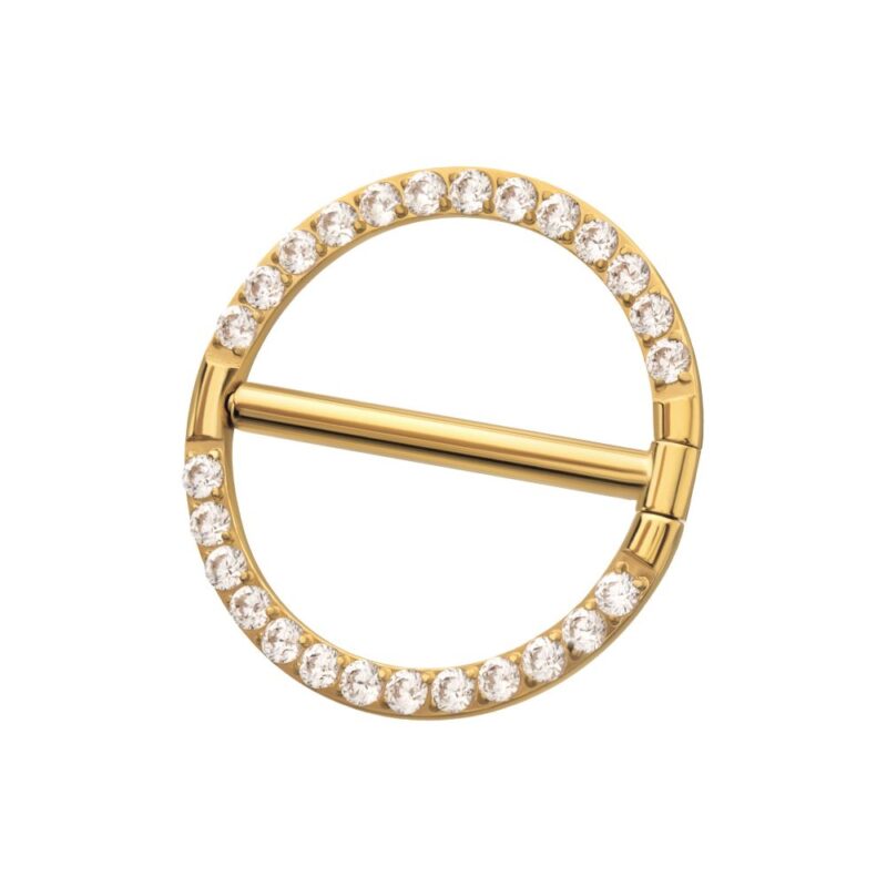 The CNC Set Gem Nipple Clicker Ring is a circular gold pin accented with small diamonds along the edge and has a central horizontal gold bar.