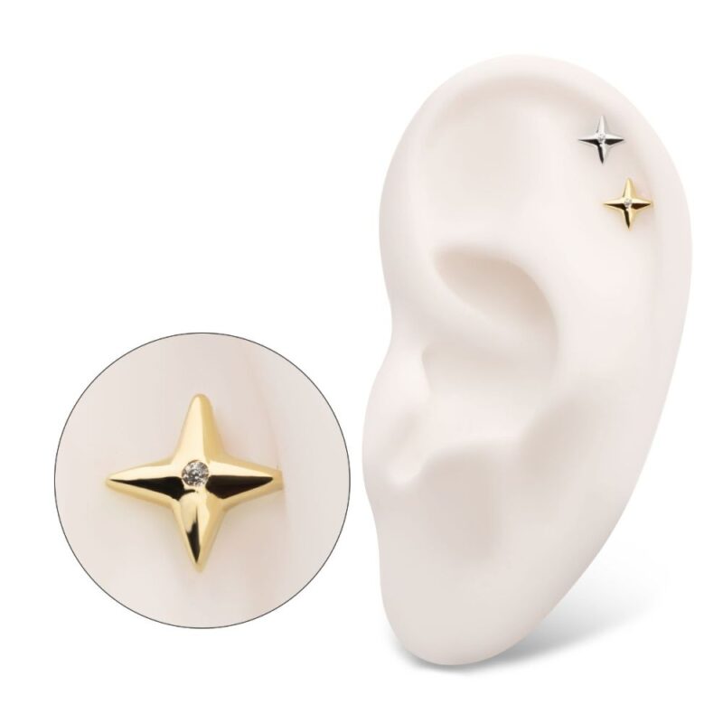 The Celestial Star with Gem earrings—a gold, gem-centered star and a silver star—are shown on a white ear model, with an inset highlighting the gold earring’s details.