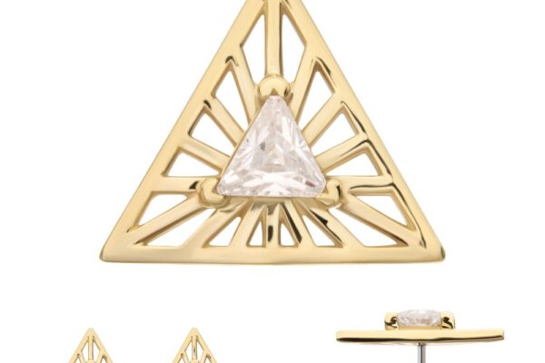 The 14K Radiant Triangle with Gem earrings feature an open sunburst gold design with a central triangular gemstone—one clear, one green. Side view highlights the thickness and stud post.