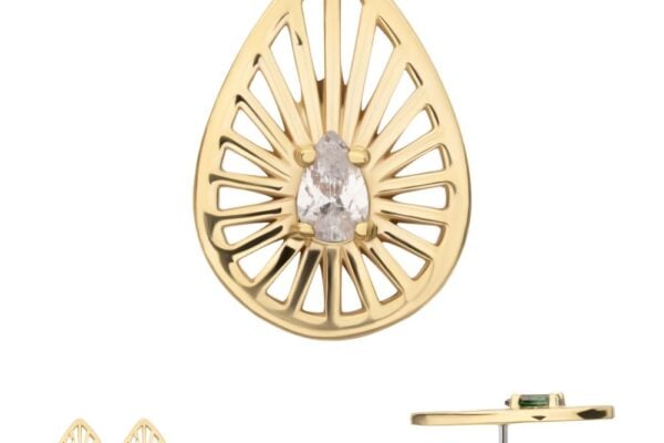 The 14K Radiant Teardrop earrings feature an openwork gold teardrop design with a central clear gemstone and a small green gem at the bottom, shown from front and side angles.