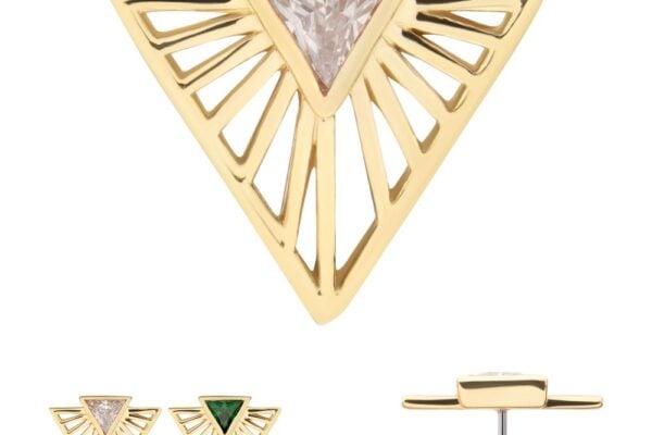 The 14K Radiant Triangle with Gem features a gold sunburst geometric design and a central triangle gemstone. Additional images show pairs with clear and green stones, plus a side view of the earring post.