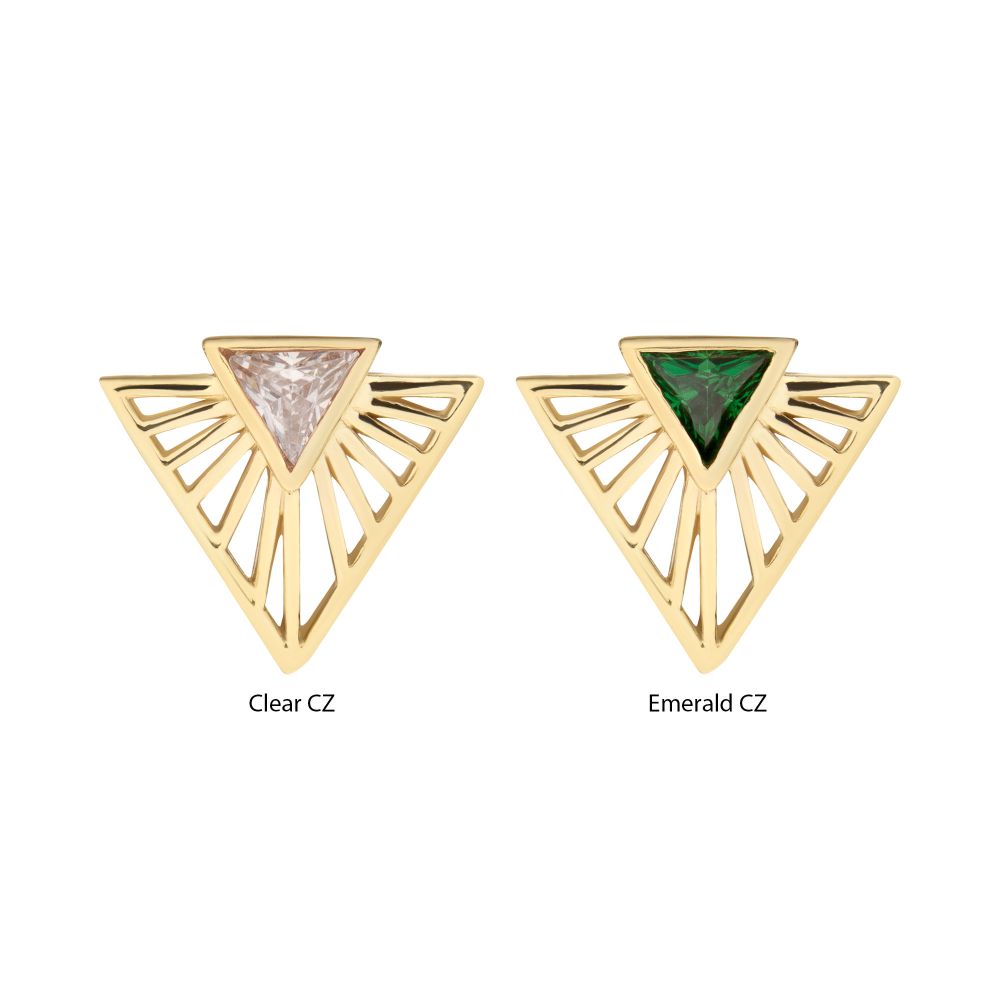 The 14K Radiant Triangle with Gem features two gold triangular earrings with openwork designs: one with a clear CZ gemstone, the other with an emerald CZ gemstone. The 14K Radiant Triangle with Gem features two gold triangular earrings with openwork designs: one with a clear CZ gemstone, the other with an emerald CZ gemstone.