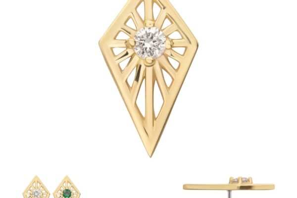 The 14K Radiant Kite with Gem earring features a gold geometric, openwork diamond shape with a center diamond. Images display the earring pair, one with a green gemstone accent, and a side view showing the stud post.