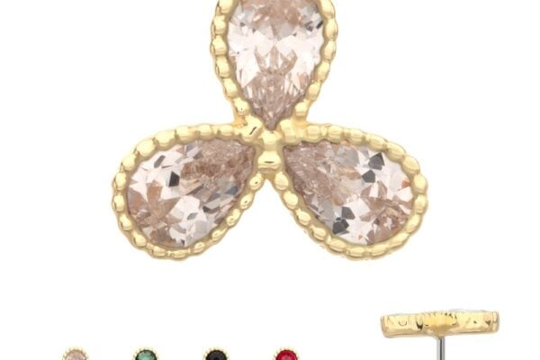 The 14K 3 Petal Flower is a gold stud earring featuring three clear, teardrop-shaped stones in a clover design. Also shown are versions with pink, green, black, and red stones, plus a side view displaying the stud post.