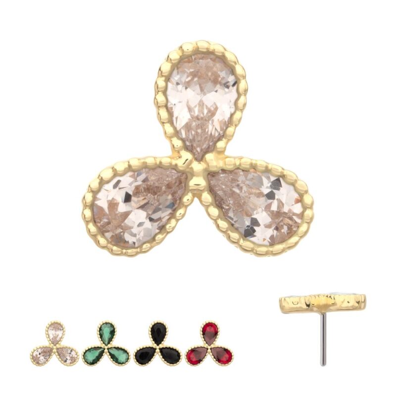 The 14K 3 Petal Flower is a gold stud earring featuring three clear, teardrop-shaped stones in a clover design. Also shown are versions with pink, green, black, and red stones, plus a side view displaying the stud post.