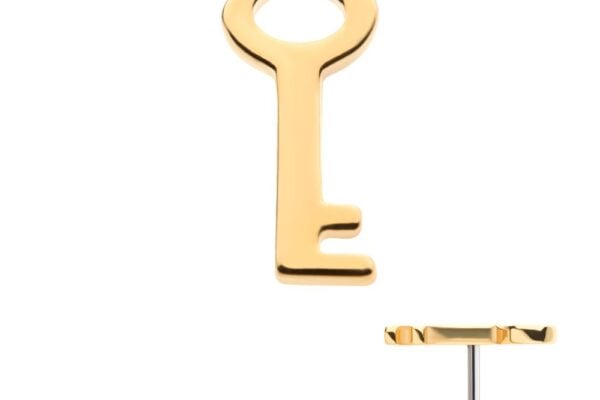The 14K Key Shape earring features a simple, flat gold key design, shown from the front and side to highlight its metallic sheen and stud post.