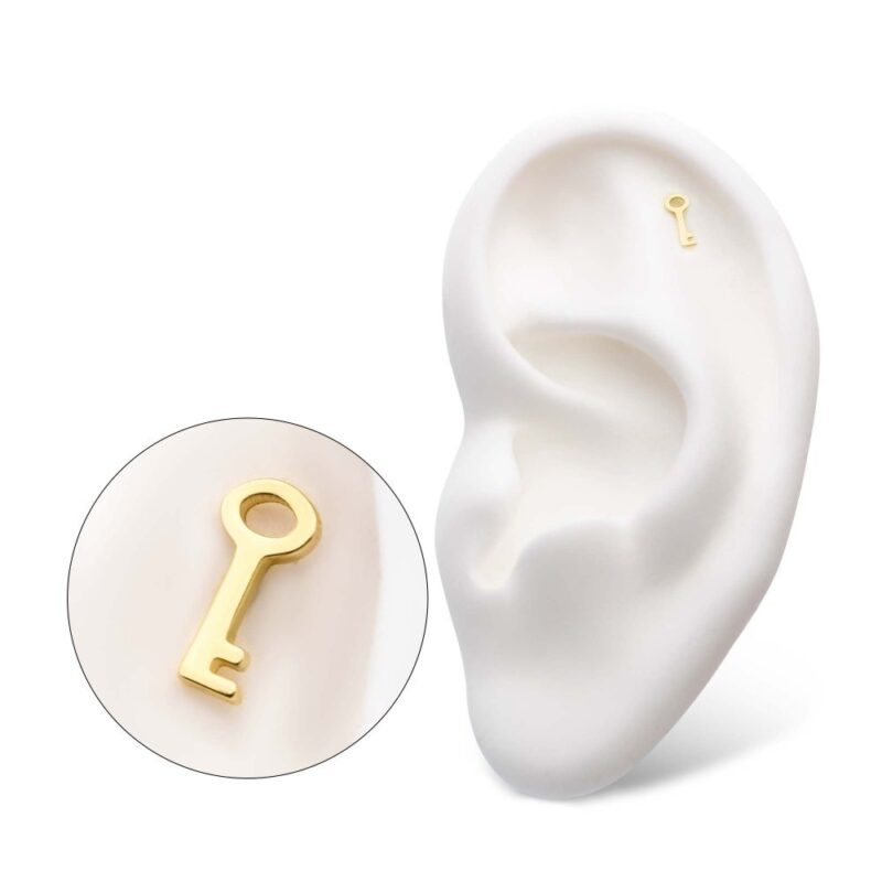 A 14K Key Shape earring is displayed on a white model ear, featuring a close-up inset that highlights the intricate, small key design.