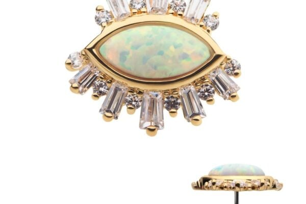 The 14K Evil Eye Cluster with Gems is a gold pin shaped like an eye, with an opal center and clear rectangular and round gemstones arranged as rays. A side view highlights the gem setting and pin attachment.