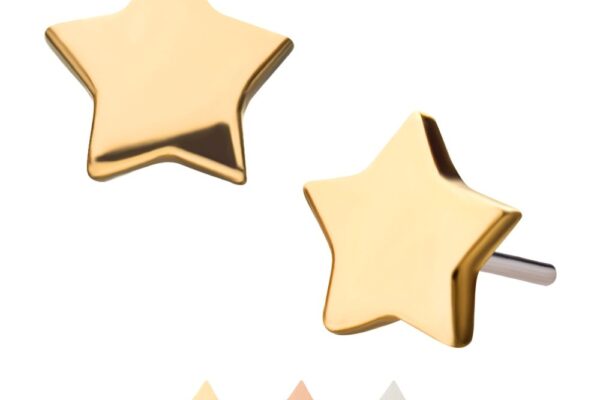 14K Star stud earrings are featured in a close-up, with three extra color choices—rose gold, bronze, and silver—shown beneath.