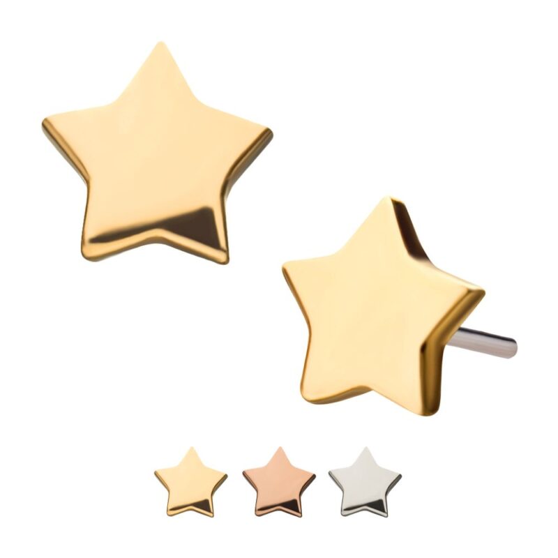 14K Star stud earrings are featured in a close-up, with three extra color choices—rose gold, bronze, and silver—shown beneath.