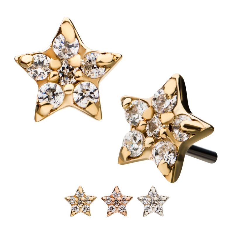 The 14K Shiny Star earrings feature gold star shapes with clear gemstones, displayed from various angles and offered in yellow gold, rose gold, and white gold finishes.