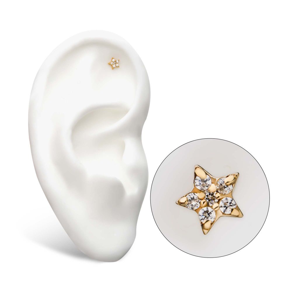 The 14K Shiny Star, a small gold stud shaped like a star and set with clear gemstones, is displayed on the cartilage of a white ear model. An enlarged inset highlights its sparkling star design. The 14K Shiny Star, a small gold stud shaped like a star and set with clear gemstones, is displayed on the cartilage of a white ear model. An enlarged inset highlights its sparkling star design.