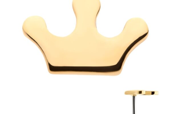 The 14K Crown Cut-Out is a gold stud earring featuring a flat crown shape with three rounded points, shown from the front and side to highlight its sleek design and metal post.