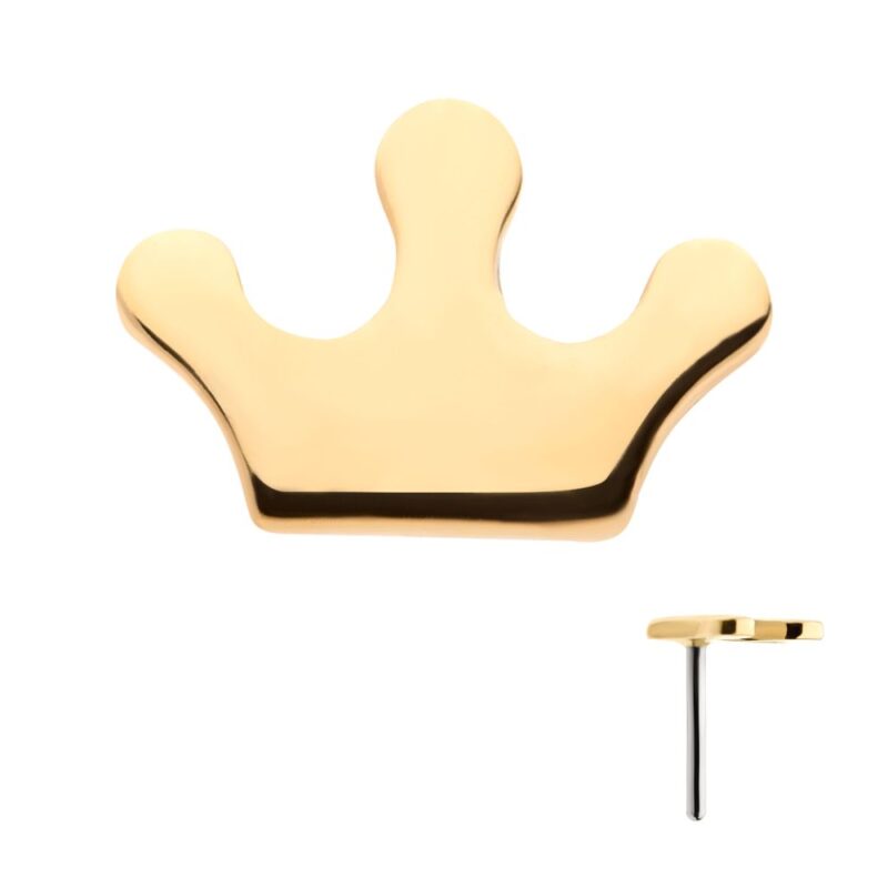 The 14K Crown Cut-Out is a gold stud earring featuring a flat crown shape with three rounded points, shown from the front and side to highlight its sleek design and metal post.